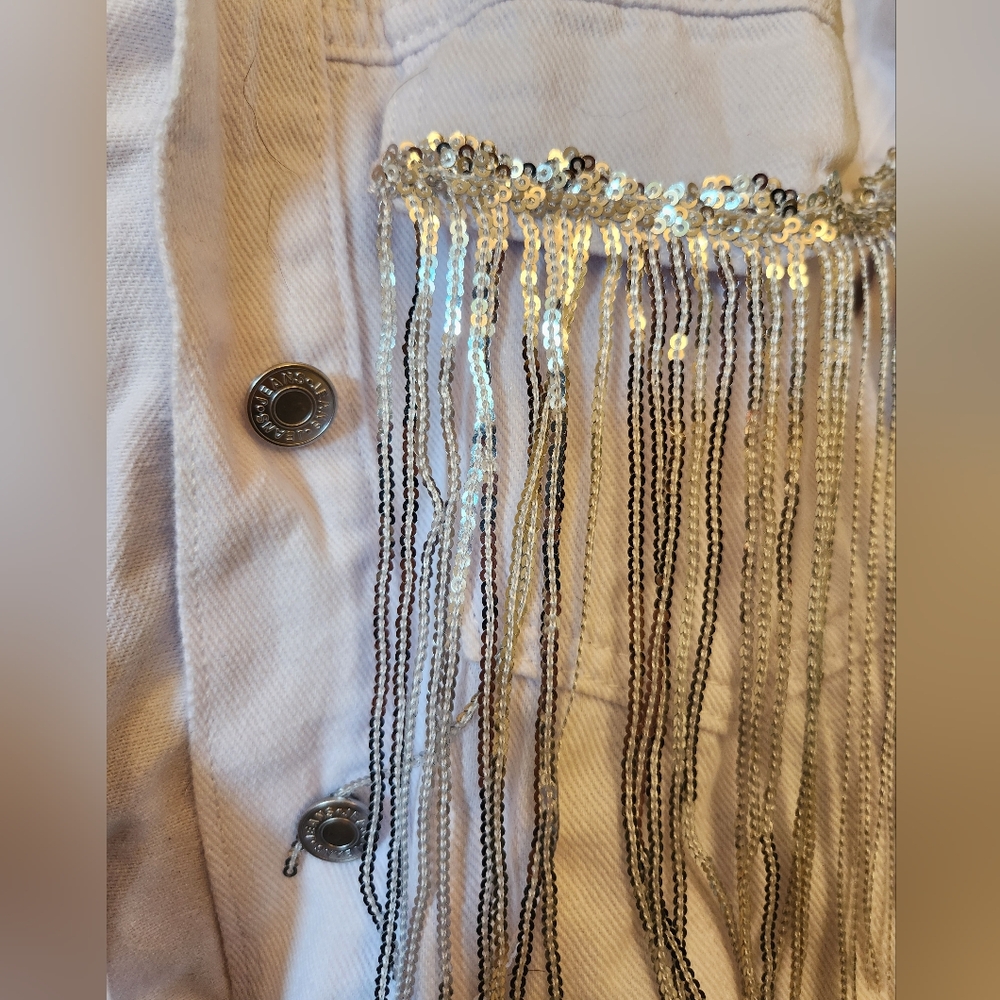Shein Bae White Denim Crop Jacket Sequin Fringe Trim Disco Silver Retro Western - Picture 2 of 10
